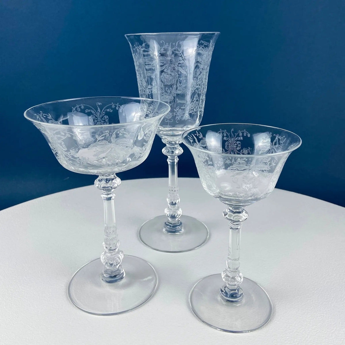 Heisey Wine Goblets | Set of 7 Orchid Pattern Etched Crystal Glasses | Home Gift | Collectors & Hosts