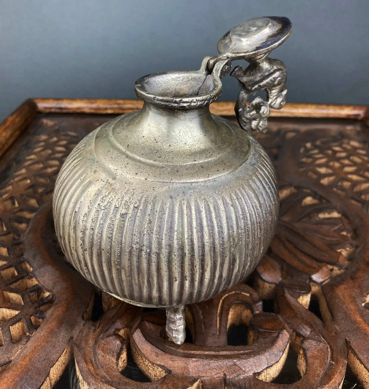 Vintage Indian Metal Vase | Peacock Lid | 7 Inch Tall | 4.5 Inch Width