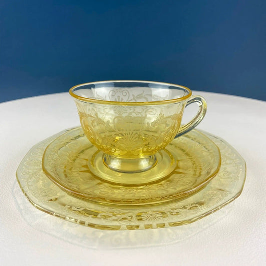 Vintage Topaz Fostoria Tea Set Trio | Versaille Pattern Cup, Saucer, and 7.5" Dessert/Salad Plate | Fine Table Glassware | Collectors & Hosts