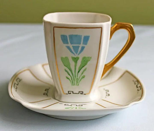 Hand Painted Porcelain Teacup Saucer Demitasse Set with Square Shape and Rounded Corners | Collectible Vintage | Pre-Owned Piece | Collectors & Hosts