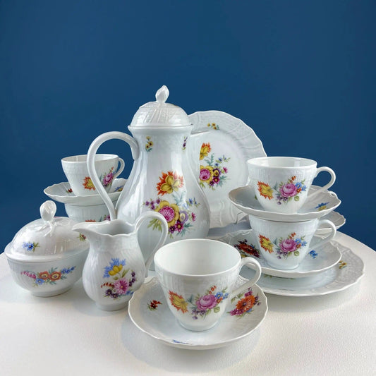 Antique Hutschenreuther Porcelain Coffee Set | Coffee or Teapot, Sugar Jar, Creamer, 2 8" Dessert Plates, & 6 Tea Cups/Saucers | Floral Motif | Collectors & Hosts