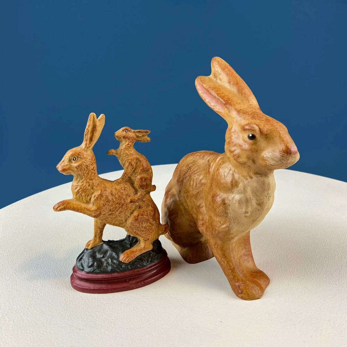Brown Mom Bunny Figurine Carrying Baby Rabbit on her Back | Cute Rustic Ceramic Easter Decor | Spring Celebration | Collectors & Hosts
