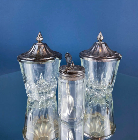Vintage Collection of Clear Glass Jars with Silver Plated Covers | Relish, Jam, Preserves Serving Dishes with Lids | Set of 3 | Collectors & Hosts