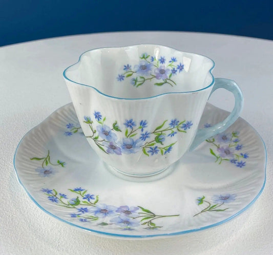 Antique Shelley Porcelain Cup and Saucer: Blue Rock Floral Pattern | Collectible Vintage | Pre-Owned Piece | Collectors & Hosts