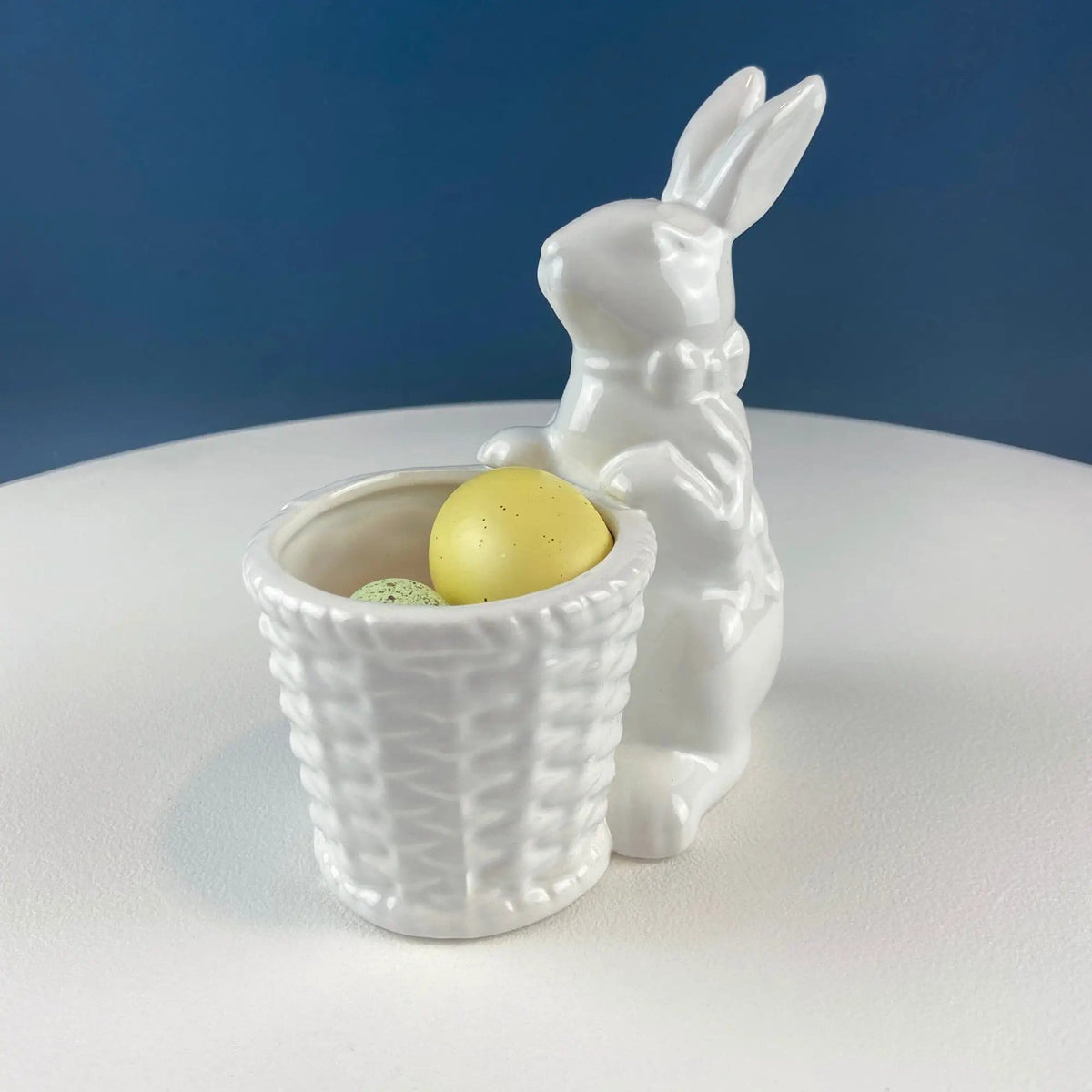 Cute White Ceramic Bunny with Sunflower Basket and Pink Bow | Small Rabbit Planter or Candy Dish | Easter Spring Decor | Collectors & Hosts