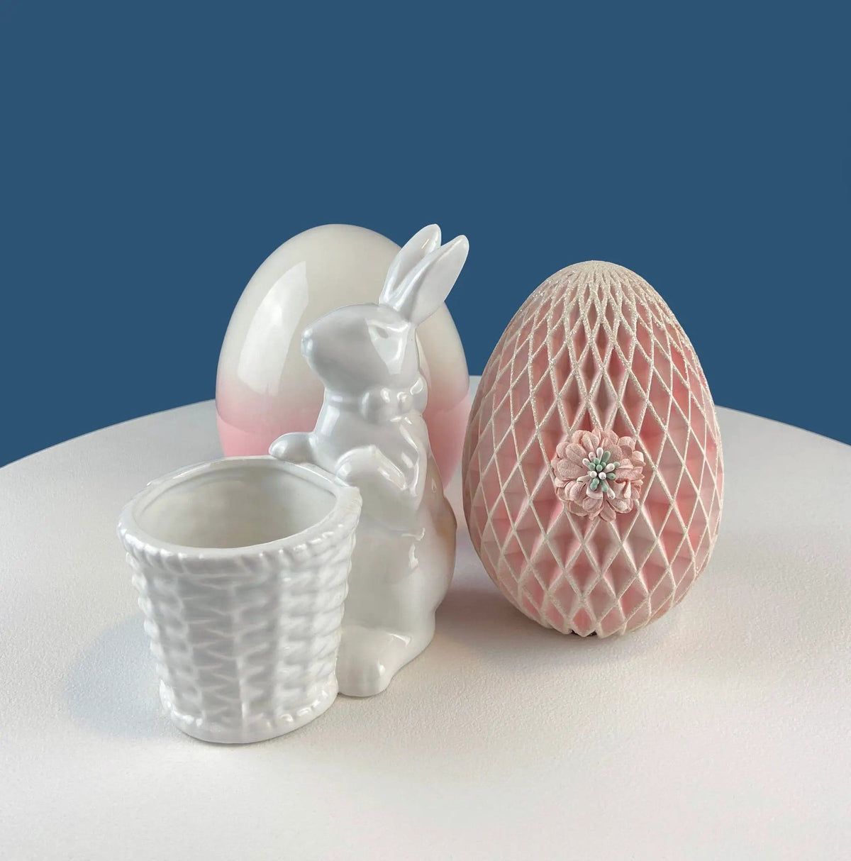 Cute White Ceramic Bunny with Sunflower Basket and Pink Bow | Small Rabbit Planter or Candy Dish | Easter Spring Decor | Collectors & Hosts