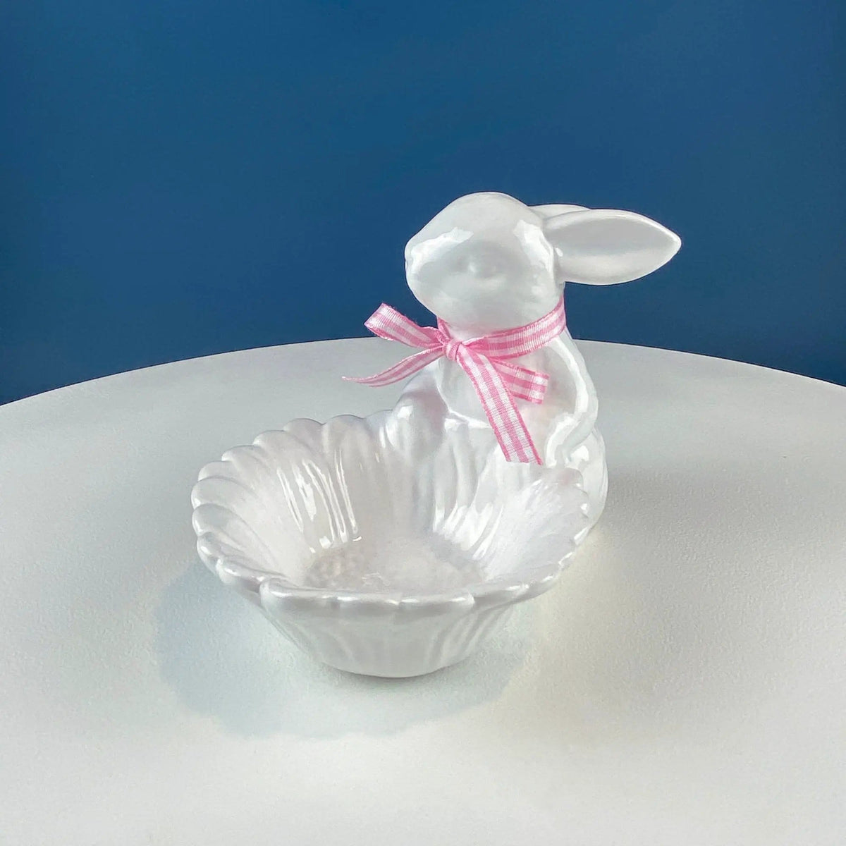 Cute White Ceramic Bunny with Sunflower Basket and Pink Bow | Small Rabbit Planter or Candy Dish | Easter Spring Decor | Collectors & Hosts
