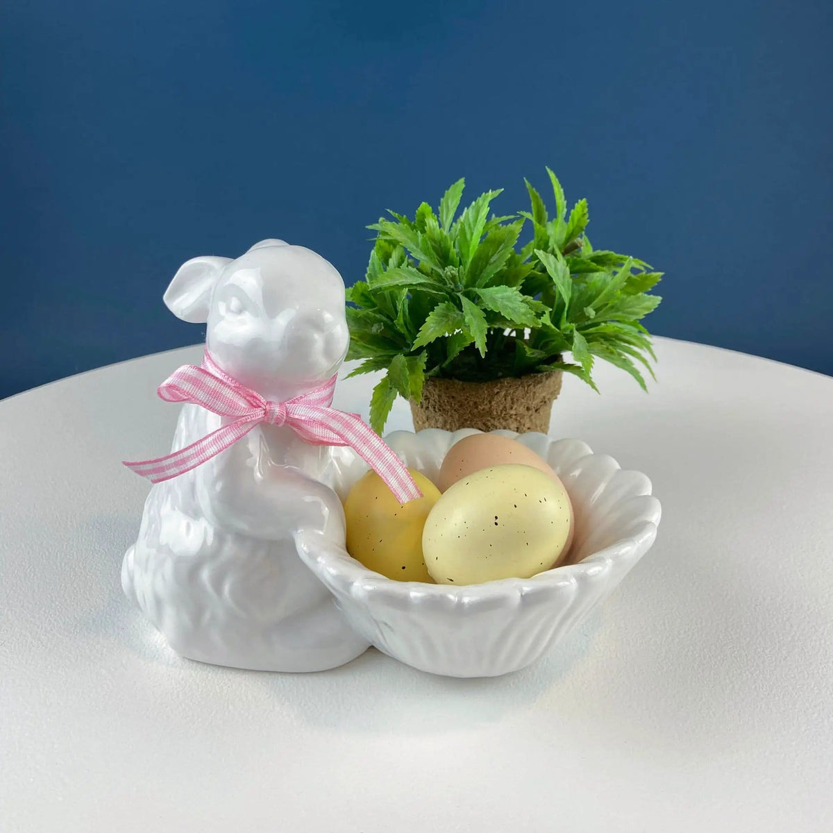Cute White Ceramic Bunny with Sunflower Basket and Pink Bow | Small Rabbit Planter or Candy Dish | Easter Spring Decor | Collectors & Hosts