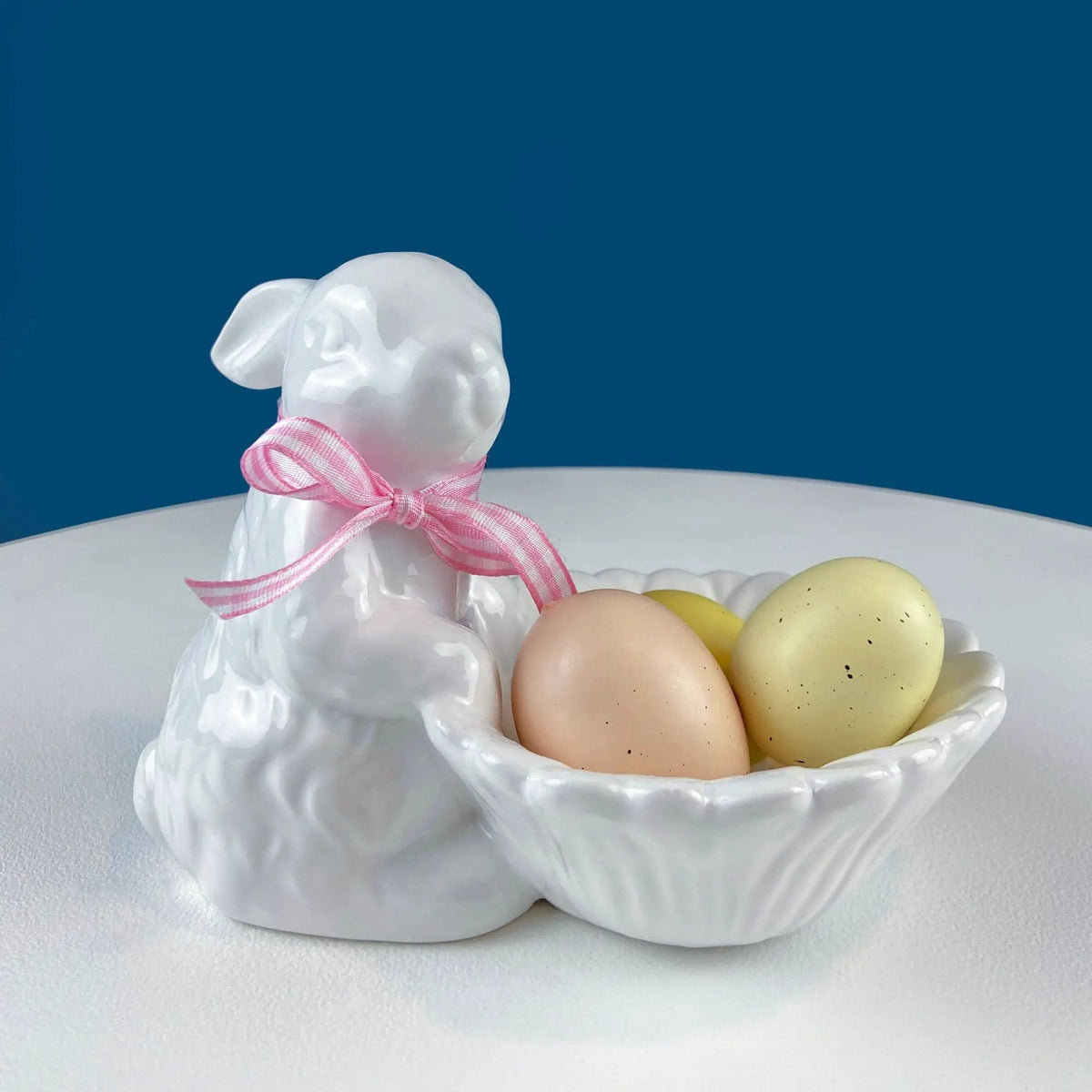 Cute White Ceramic Bunny with Sunflower Basket and Pink Bow | Small Rabbit Planter or Candy Dish | Easter Spring Decor | Collectors & Hosts