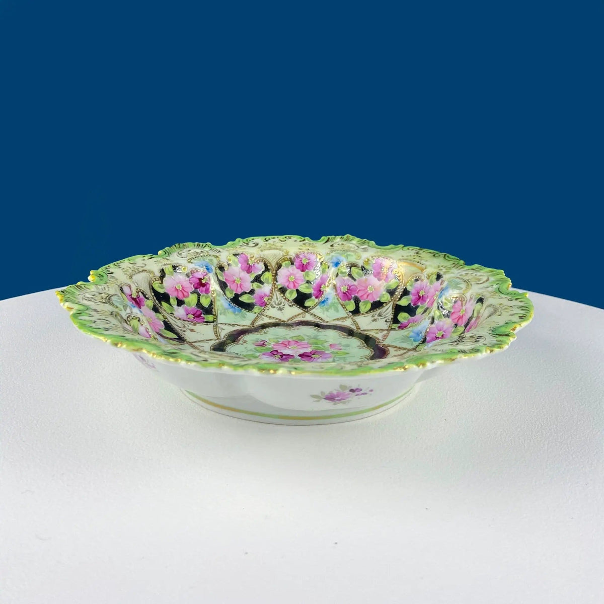Old Hand Painted Porcelain Serving Bowl or Decorative Victorian Centerpiece with | Rich Gold Beaded Framework | Roses Motif | Collectors & Hosts