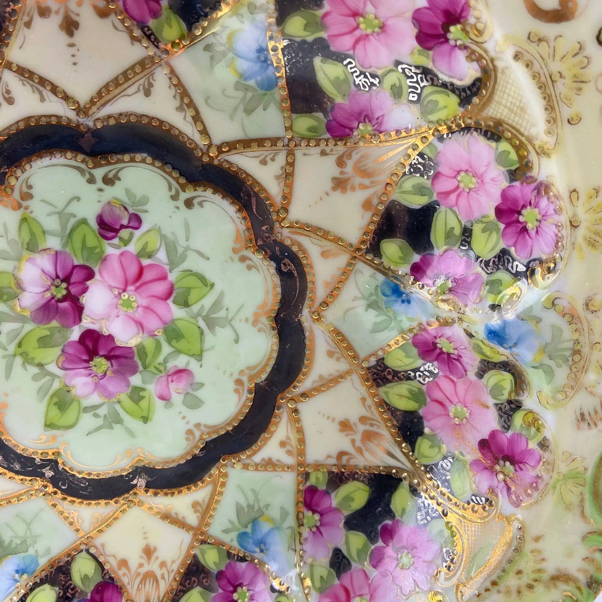 Old Hand Painted Porcelain Serving Bowl or Decorative Victorian Centerpiece with | Rich Gold Beaded Framework | Roses Motif | Collectors & Hosts