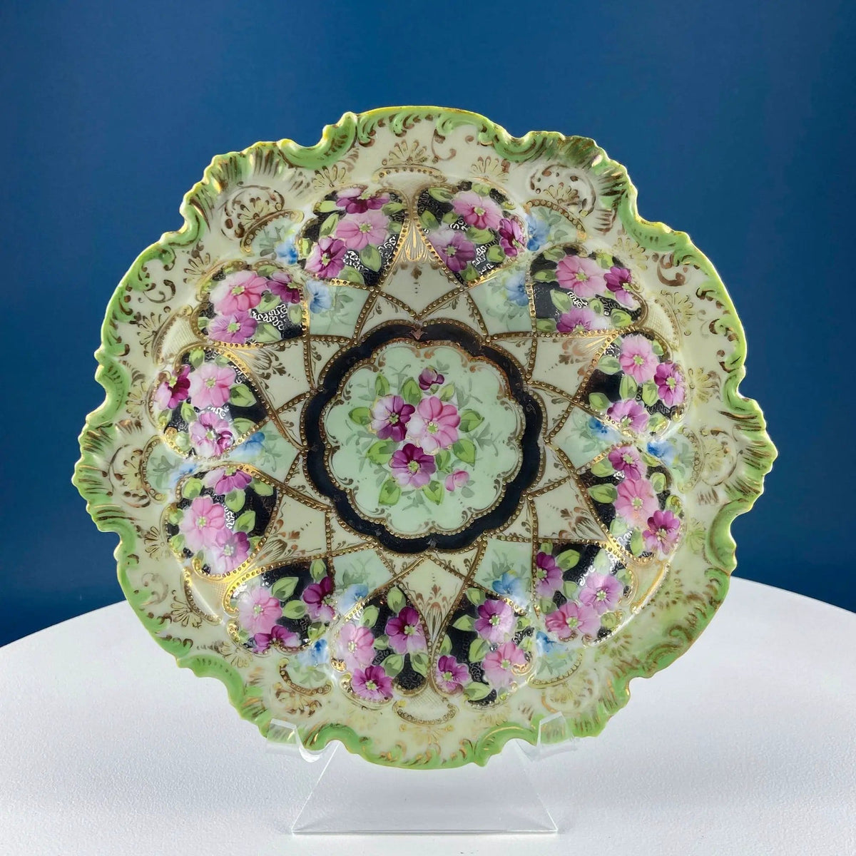 Old Hand Painted Porcelain Serving Bowl or Decorative Victorian Centerpiece with | Rich Gold Beaded Framework | Roses Motif | Collectors & Hosts
