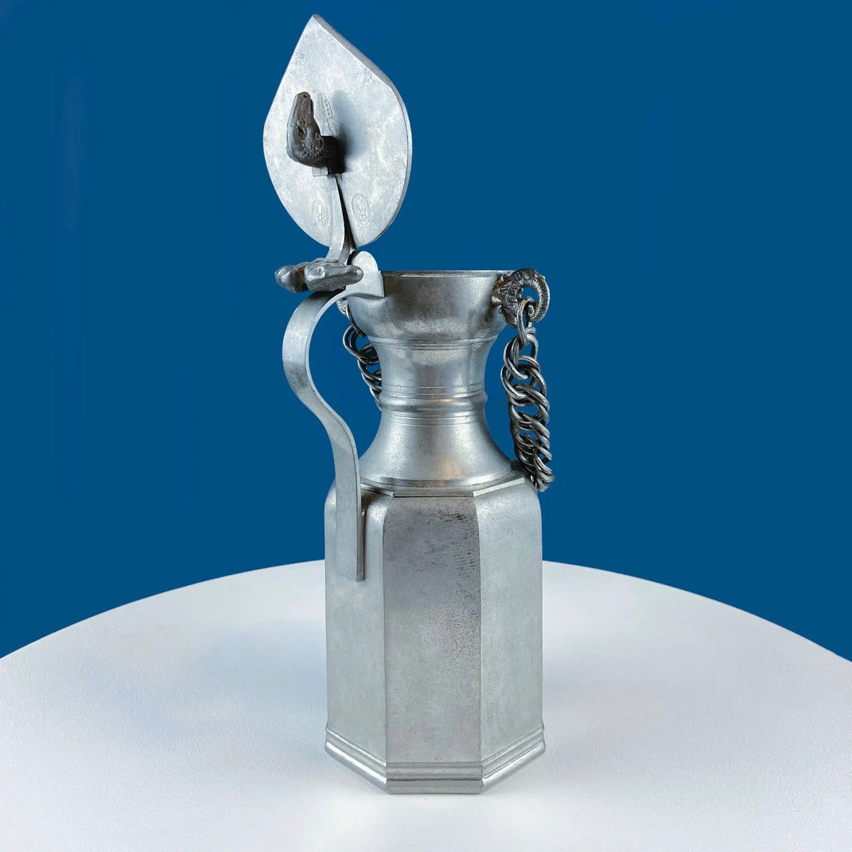 Pewter Jug with Ram Details & Chain | Swiss Aarau Hand Made Tankard Pitcher Vase | For Dry or Live Flowers | Gift for Dad