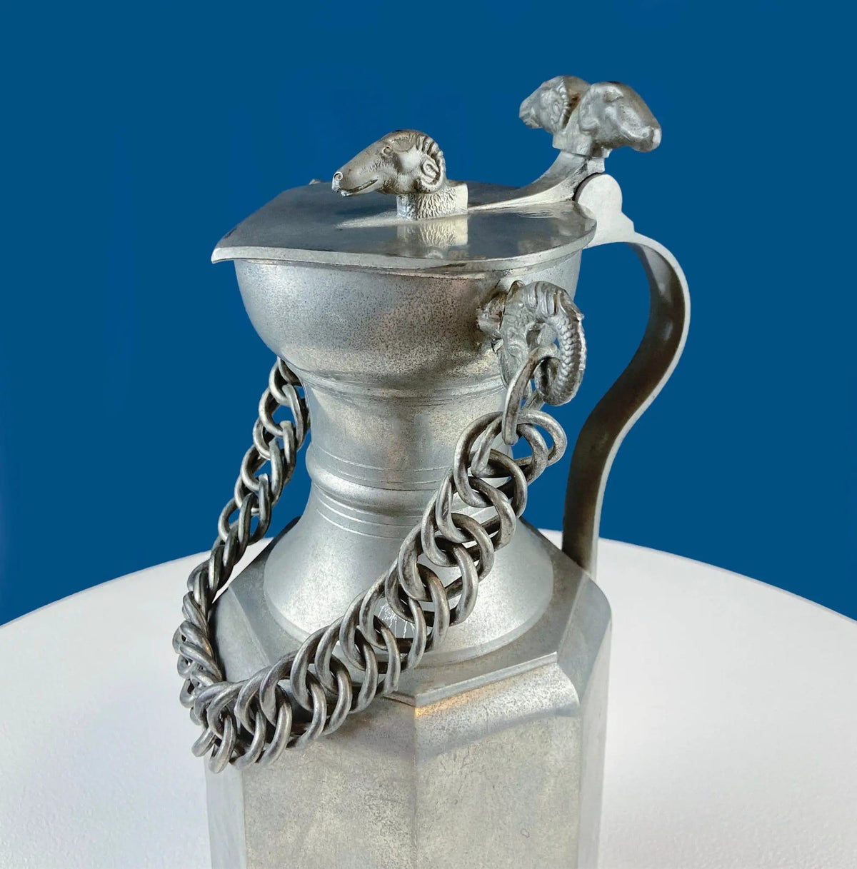 Pewter Jug with Ram Details & Chain | Swiss Aarau Hand Made Tankard Pitcher Vase | For Dry or Live Flowers | Gift for Dad