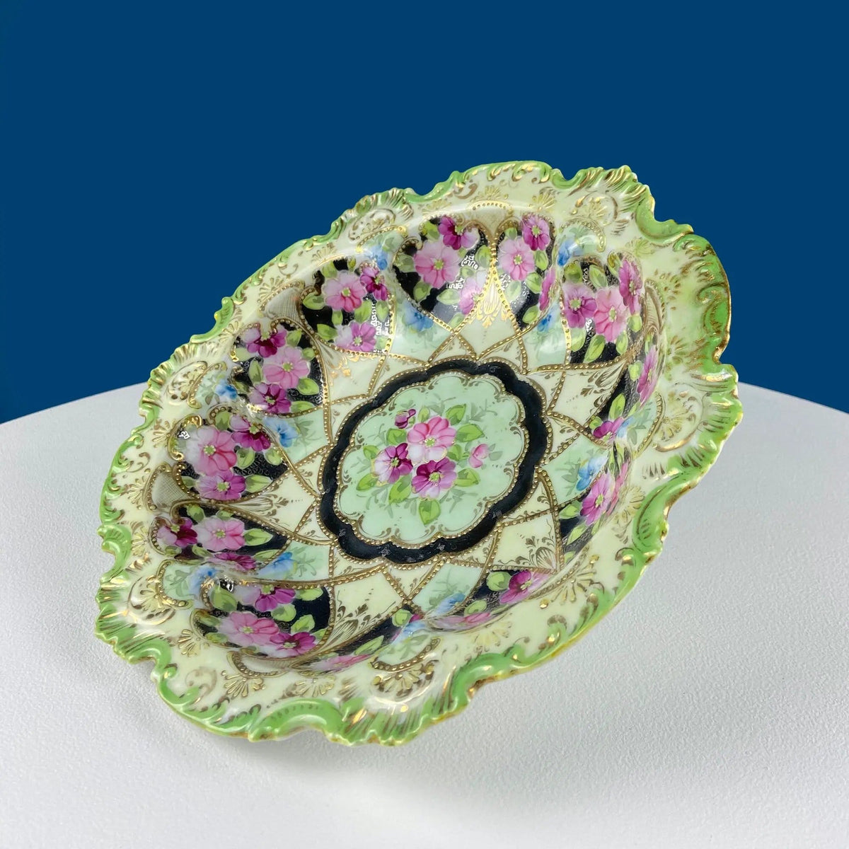 Old Hand Painted Porcelain Serving Bowl or Decorative Victorian Centerpiece with | Rich Gold Beaded Framework | Roses Motif | Collectors & Hosts