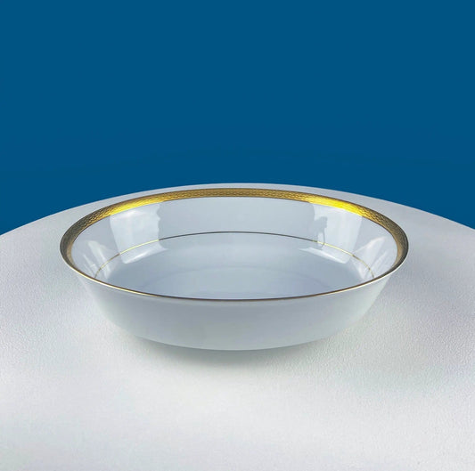 Oval Serving Bowl | White Porcelain | Embossed Gold Band | 9 3/4 In