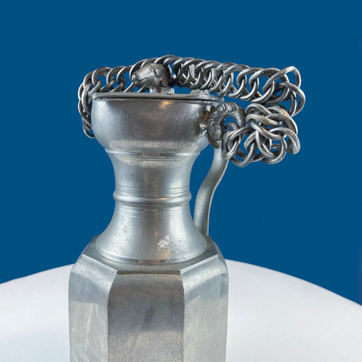 Pewter Jug with Ram Details & Chain | Swiss Aarau Hand Made Tankard Pitcher Vase | For Dry or Live Flowers | Gift for Dad