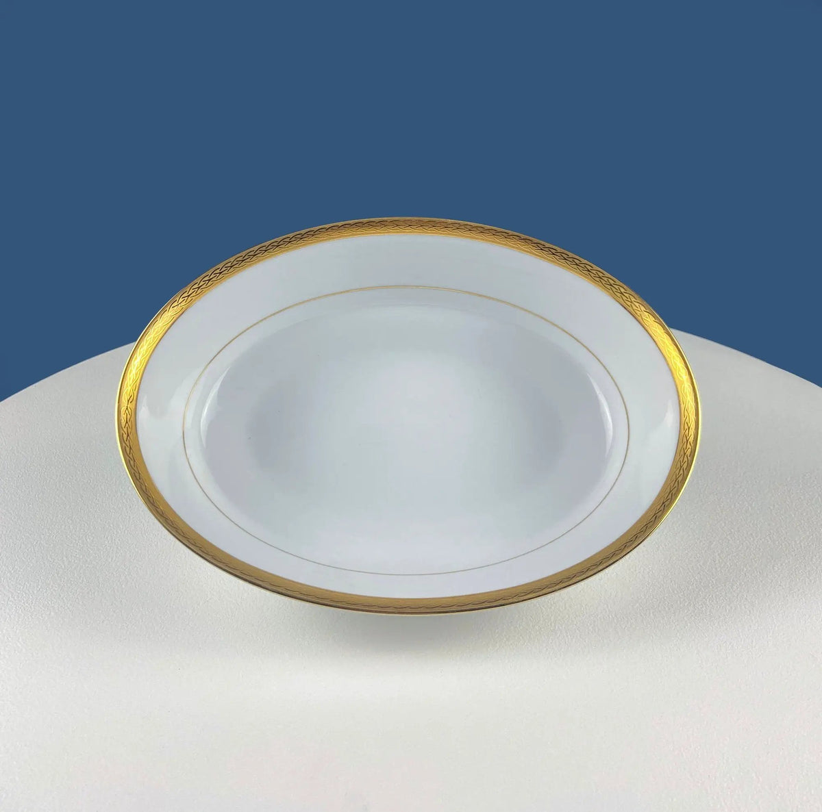 Oval Serving Bowl | White Porcelain | Embossed Gold Band | 9 3/4 In