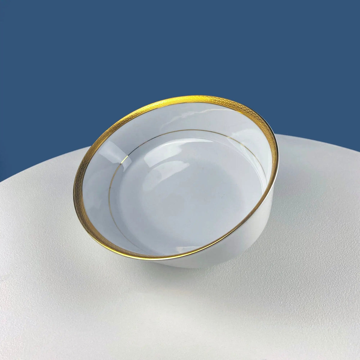 Oval Serving Bowl | White Porcelain | Embossed Gold Band | 9 3/4 In