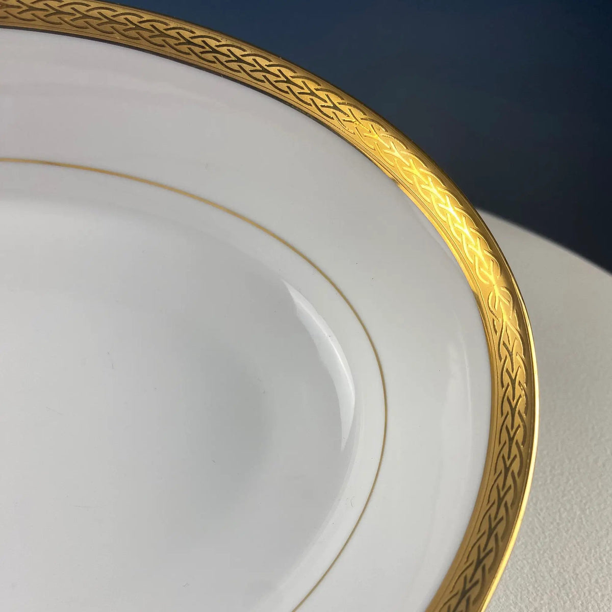 Oval Serving Bowl | White Porcelain | Embossed Gold Band | 9 3/4 In