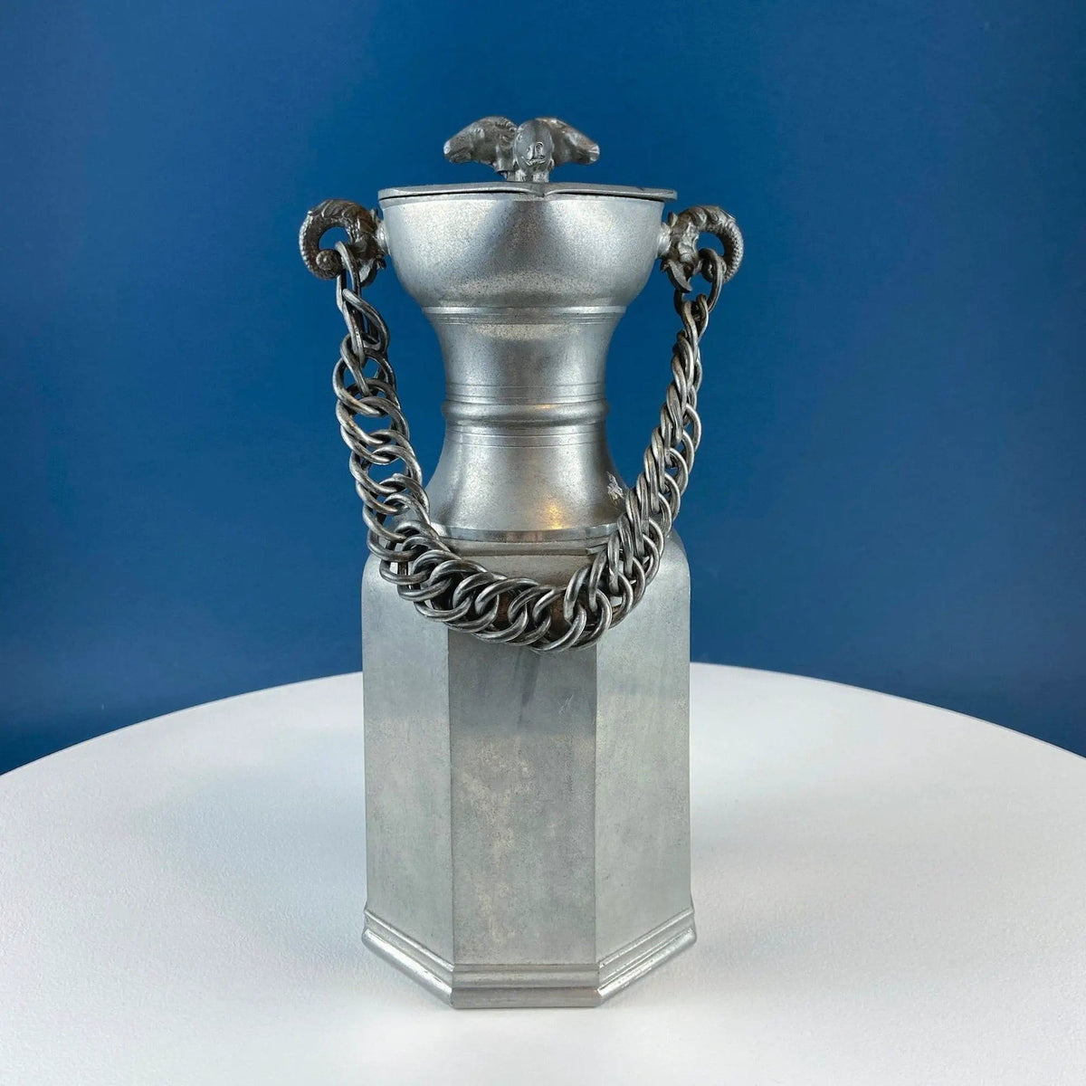 Pewter Jug with Ram Details & Chain | Swiss Aarau Hand Made Tankard Pitcher Vase | For Dry or Live Flowers | Gift for Dad