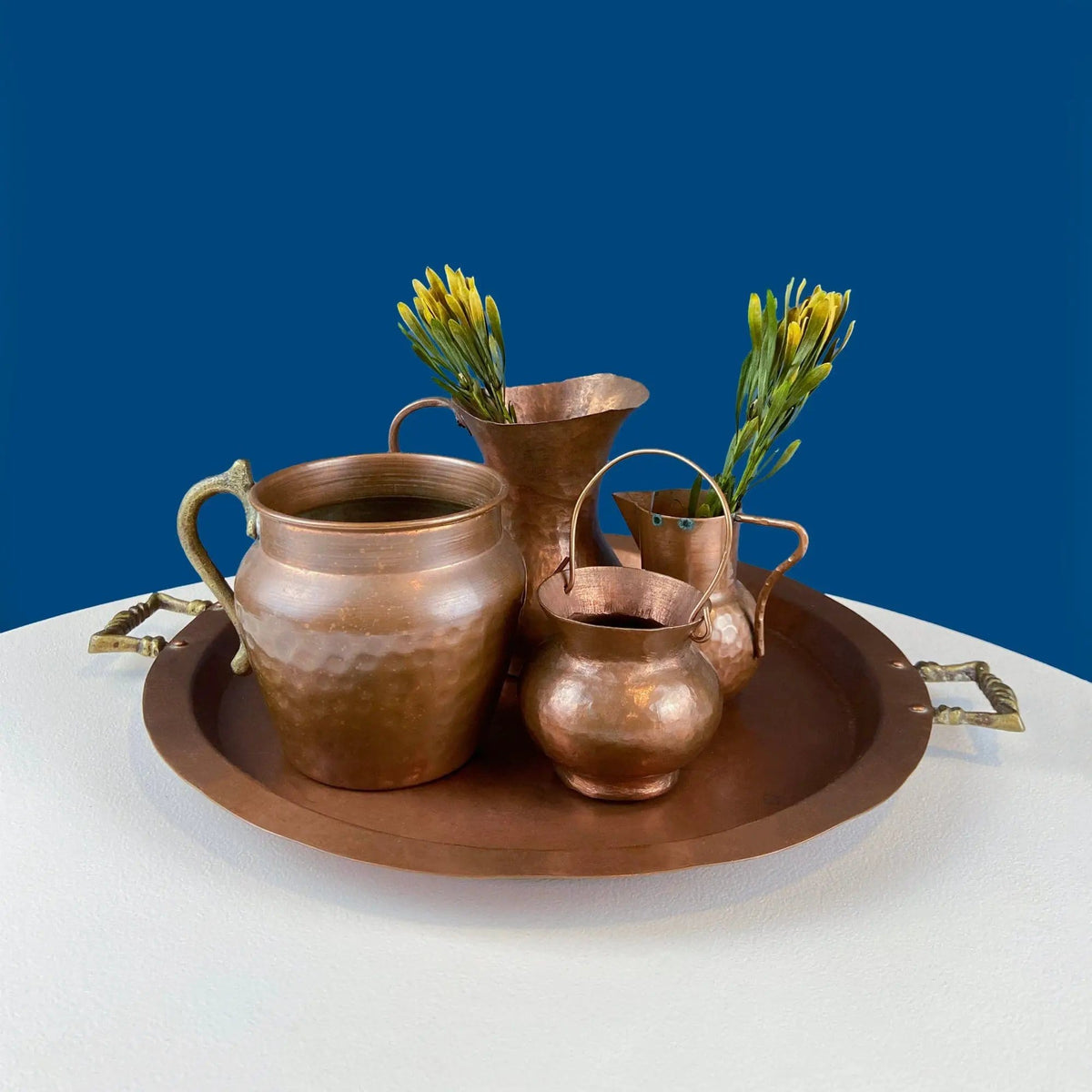 Antique Hand Pounded Copper & Tin Pail Storage Container or Vase with Lid and Brass Handle | Embossed Floral Folk Motif | Ethnic Home Decor | Collectors & Hosts