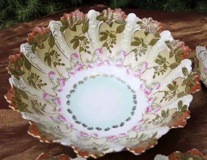 Antique Austrian Hand Painted Porcelain Serving Bowl with Matching Salad Dessert Bowls | Rose Motif Ornate Scalloped Edge | Dining Room Decor | Collectors & Hosts