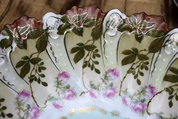 Antique Austrian Hand Painted Porcelain Serving Bowl with Matching Salad Dessert Bowls | Rose Motif Ornate Scalloped Edge | Dining Room Decor | Collectors & Hosts
