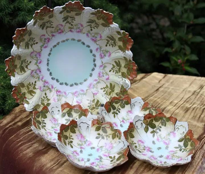 Antique Austrian Hand Painted Porcelain Serving Bowl with Matching Salad Dessert Bowls | Rose Motif Ornate Scalloped Edge | Dining Room Decor | Collectors & Hosts