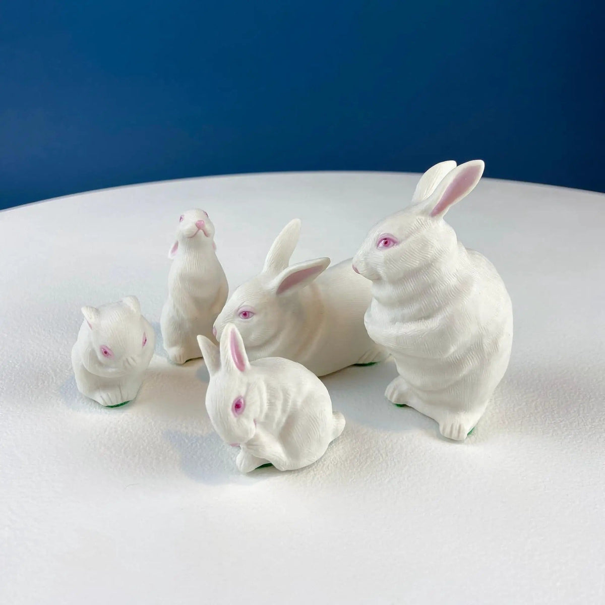 Family of White Porcelain Bunnies with Pink Ears & Eyes | 5 Small Figurines | Home Kids Room Decor | Gift for Him or Her