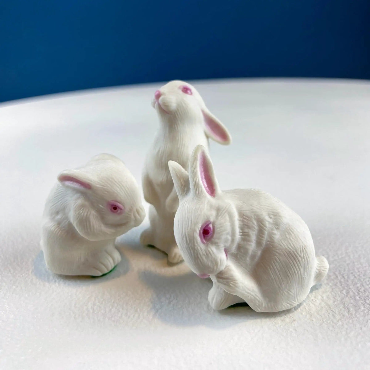 Family of White Porcelain Bunnies with Pink Ears & Eyes | 5 Small Figurines | Home Kids Room Decor | Gift for Him or Her