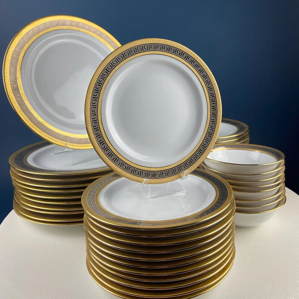 Vintage Sheng Xing Porcelain Dinnerware Set: White | Gold & Platinum Greek Motif | Collectible Vintage | Collectors & Hosts
