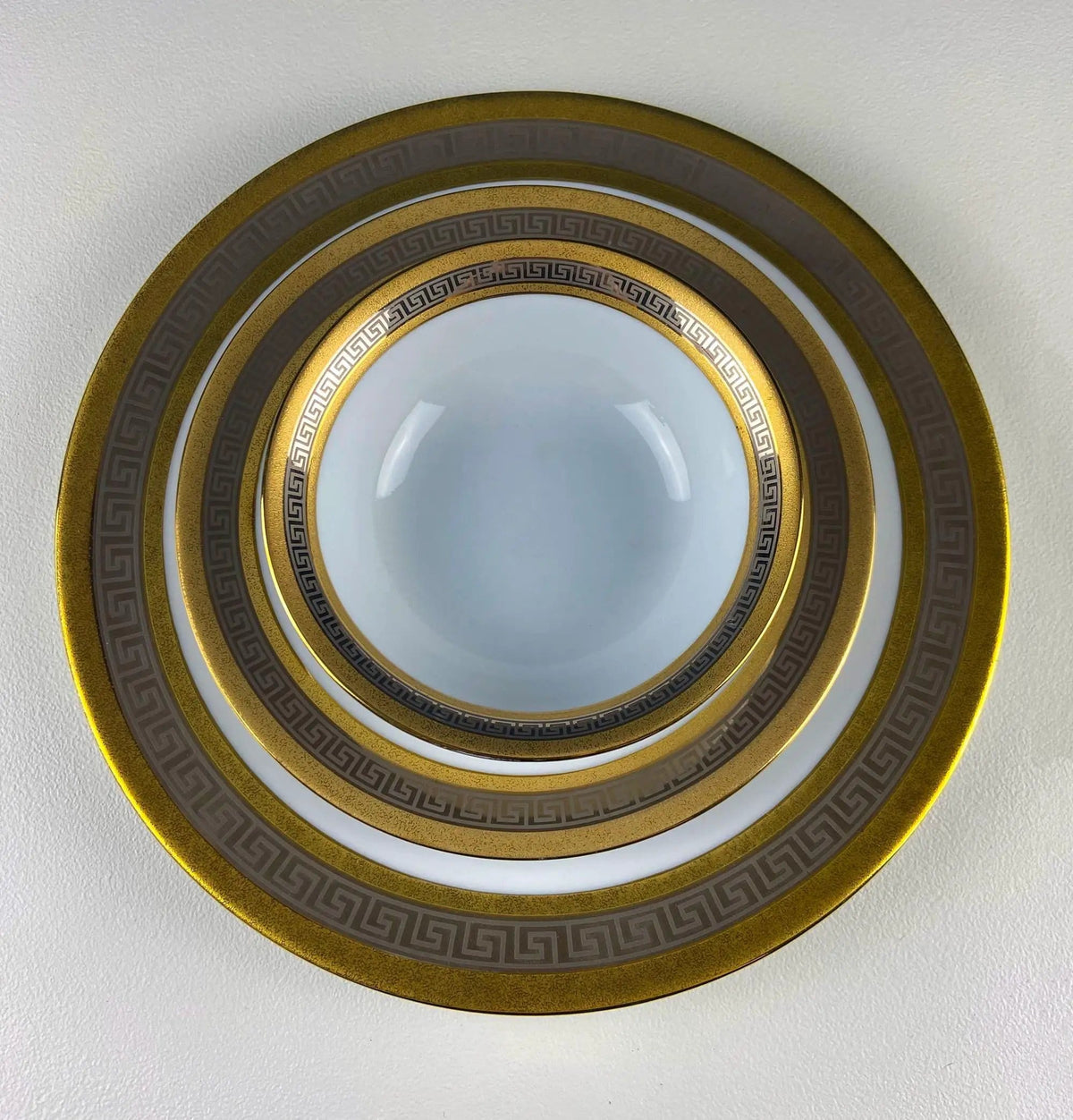 Vintage Sheng Xing Porcelain Dinnerware Set: White | Gold & Platinum Greek Motif | Collectible Vintage | Collectors & Hosts