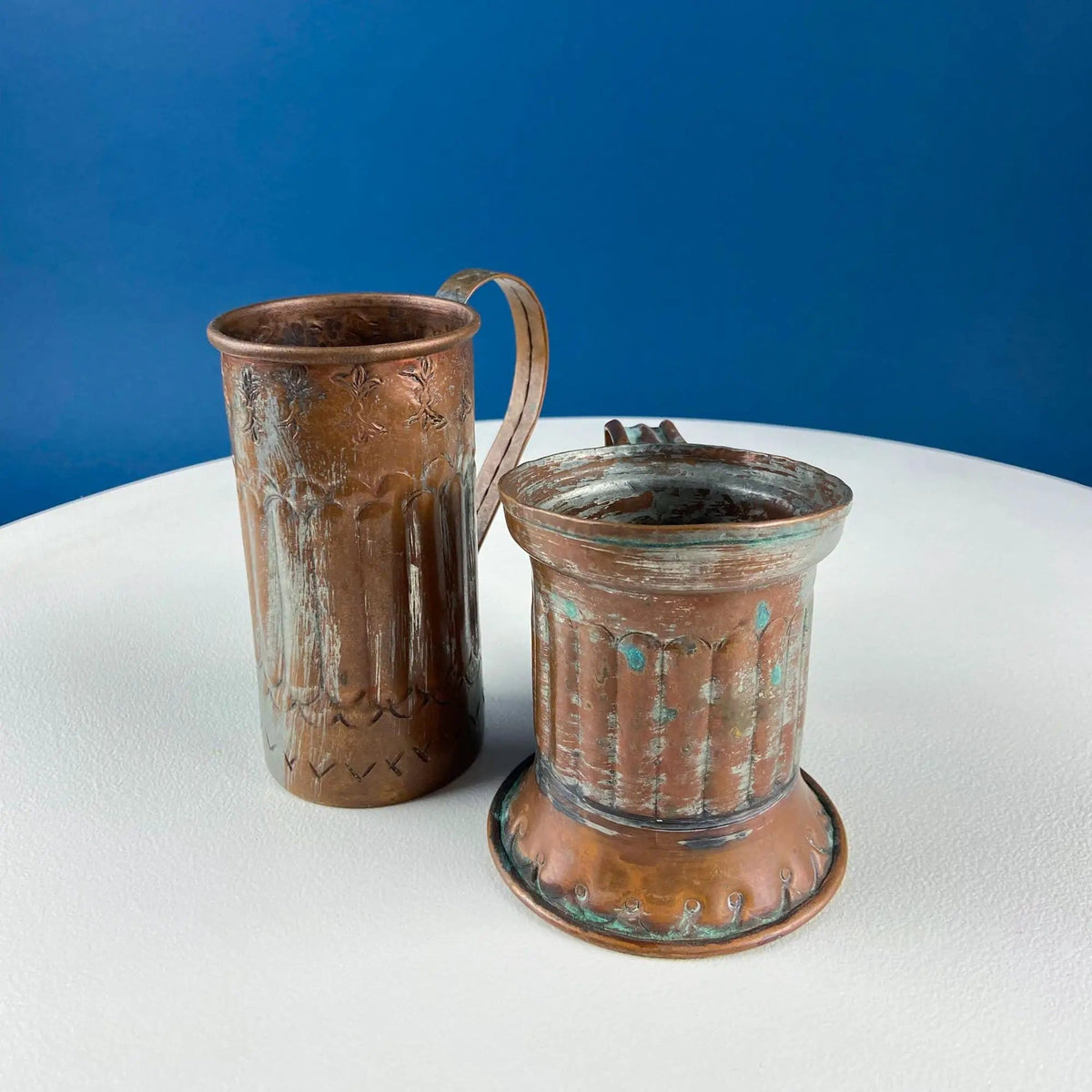Antique Rustic Hand Pounded Copper and Tin Cups | Set of 4 Different Vessels | Beautiful Fluting | Gift for Him or Her