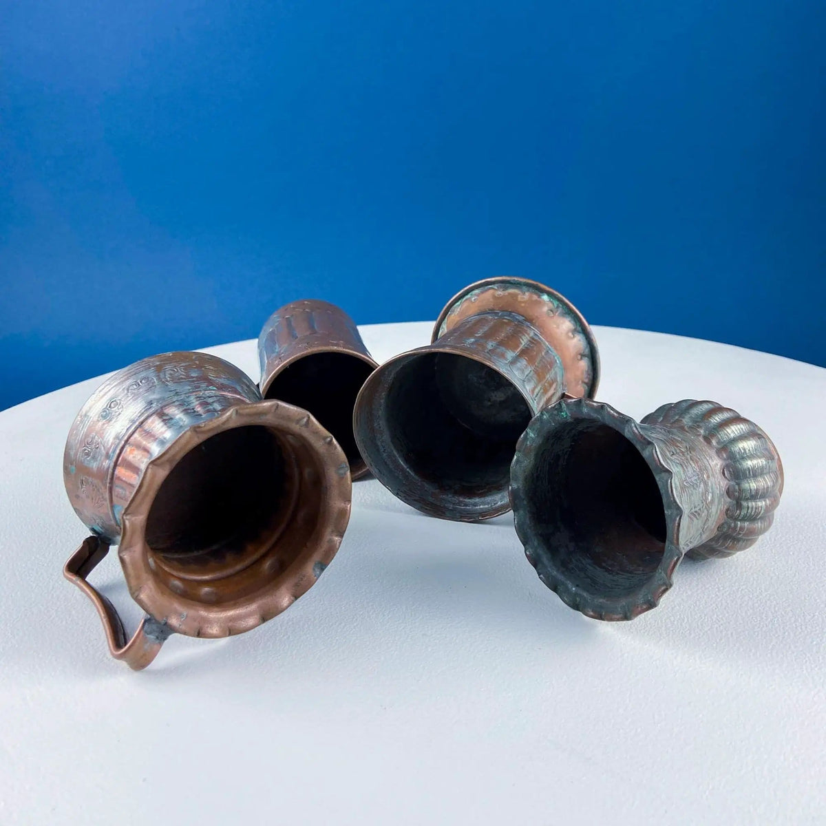 Antique Rustic Hand Pounded Copper and Tin Cups | Set of 4 Different Vessels | Beautiful Fluting | Gift for Him or Her