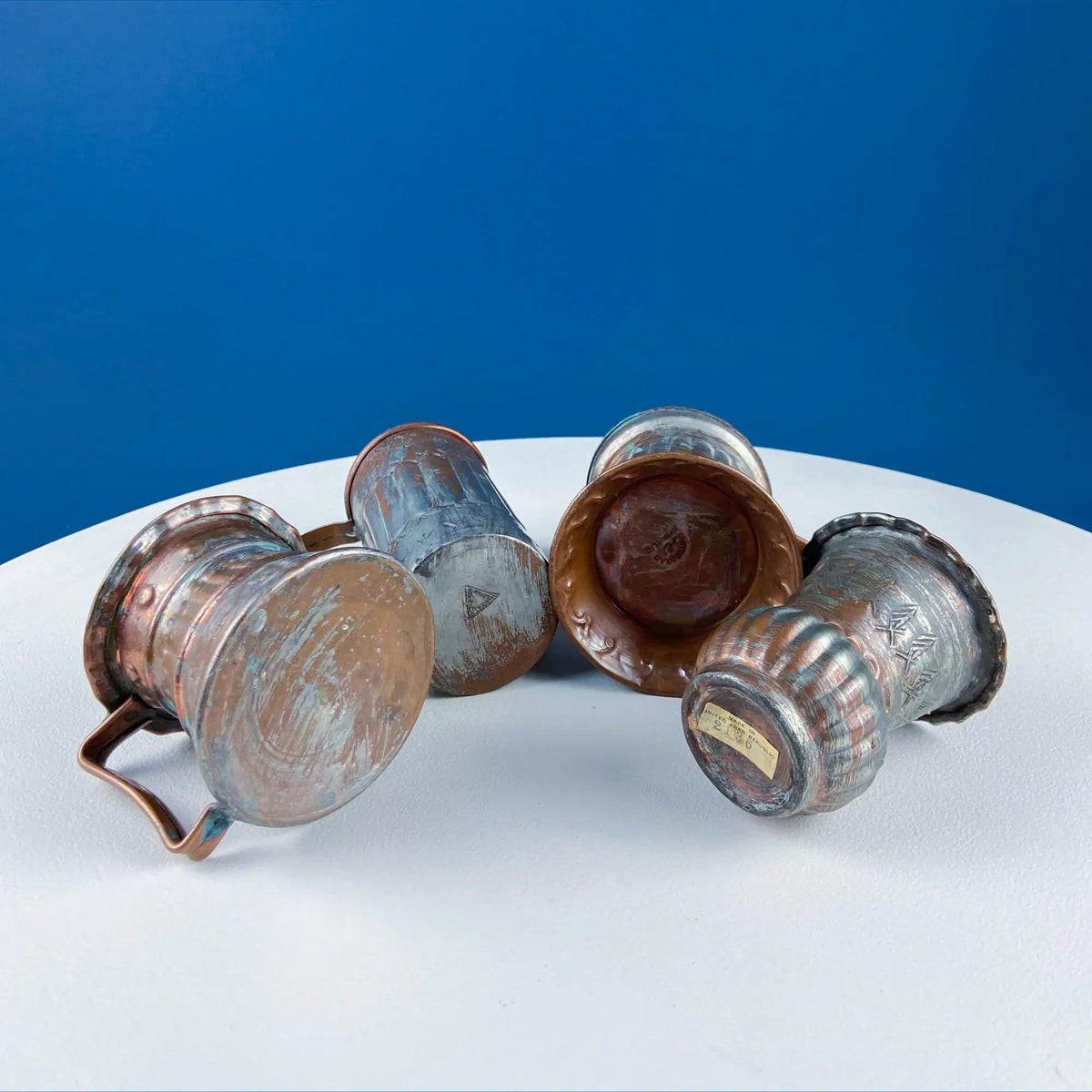 Antique Rustic Hand Pounded Copper and Tin Cups | Set of 4 Different Vessels | Beautiful Fluting | Gift for Him or Her