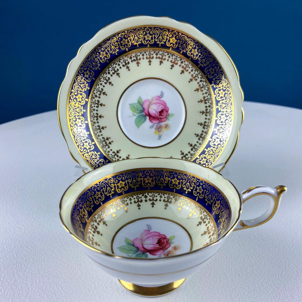 Vintage Paragon Cup and Saucer | Porcelain Tea Set | Lt Yellow with Dark Blue and Gold Bend | Collectors & Hosts