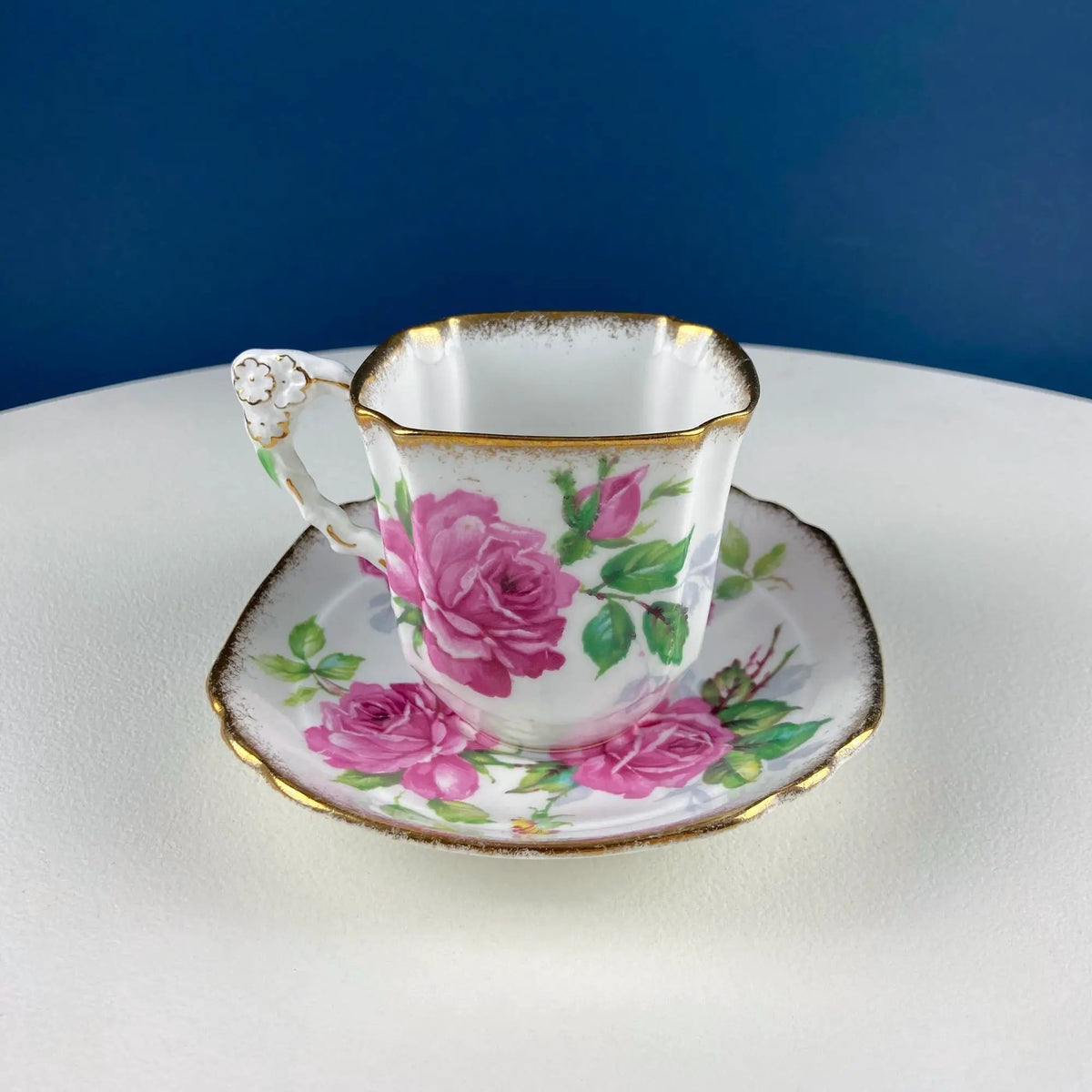 Square Tea Cup | Berkeley Rose Pattern | Pink Floral Handle