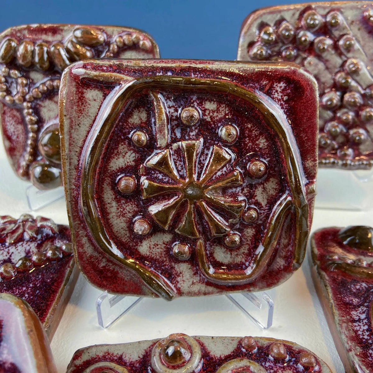 Set of 7 Handmade 3D High Gloss Art Tiles | Dark Red Translucent Glaze | Water Creatures Formations Flora | Gift for Artist