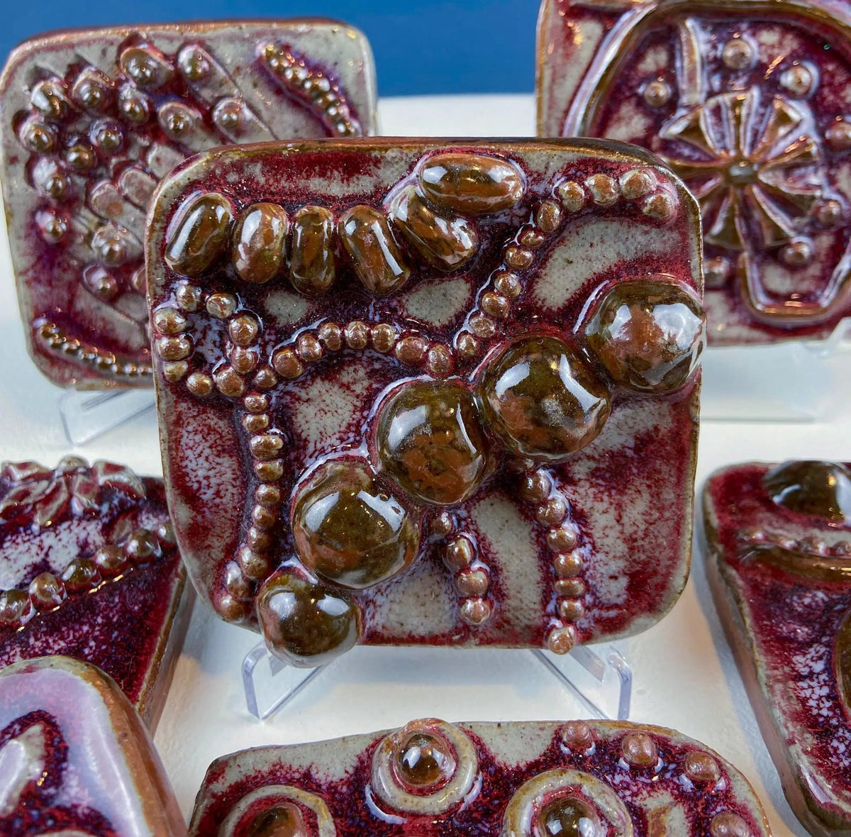 Set of 7 Handmade 3D High Gloss Art Tiles | Dark Red Translucent Glaze | Water Creatures Formations Flora | Gift for Artist