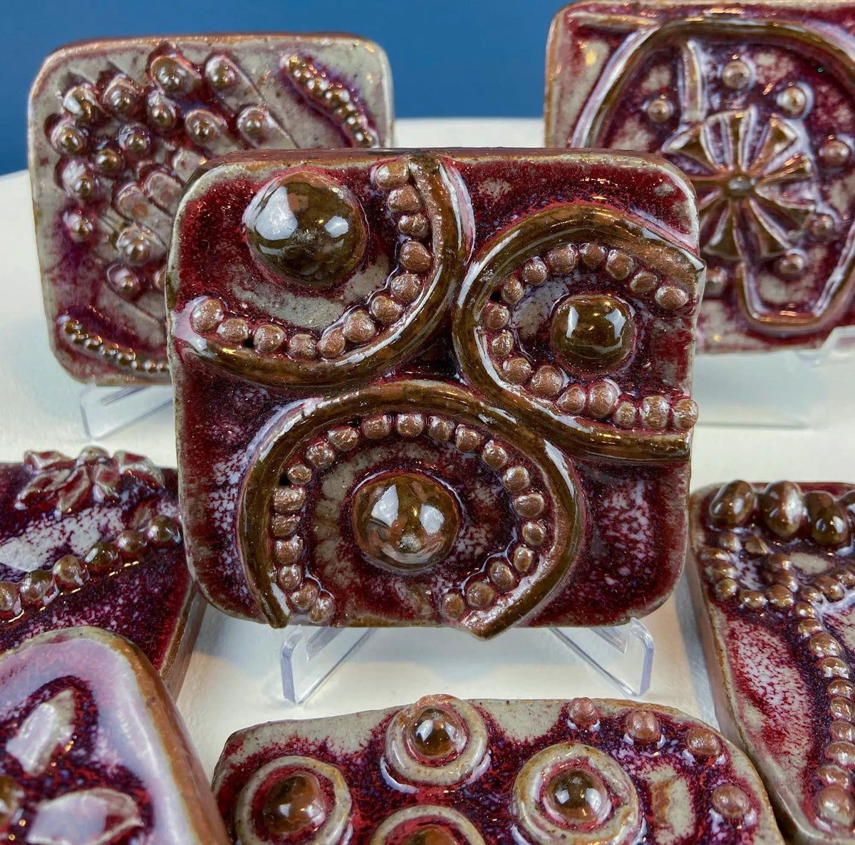 Set of 7 Handmade 3D High Gloss Art Tiles | Dark Red Translucent Glaze | Water Creatures Formations Flora | Gift for Artist