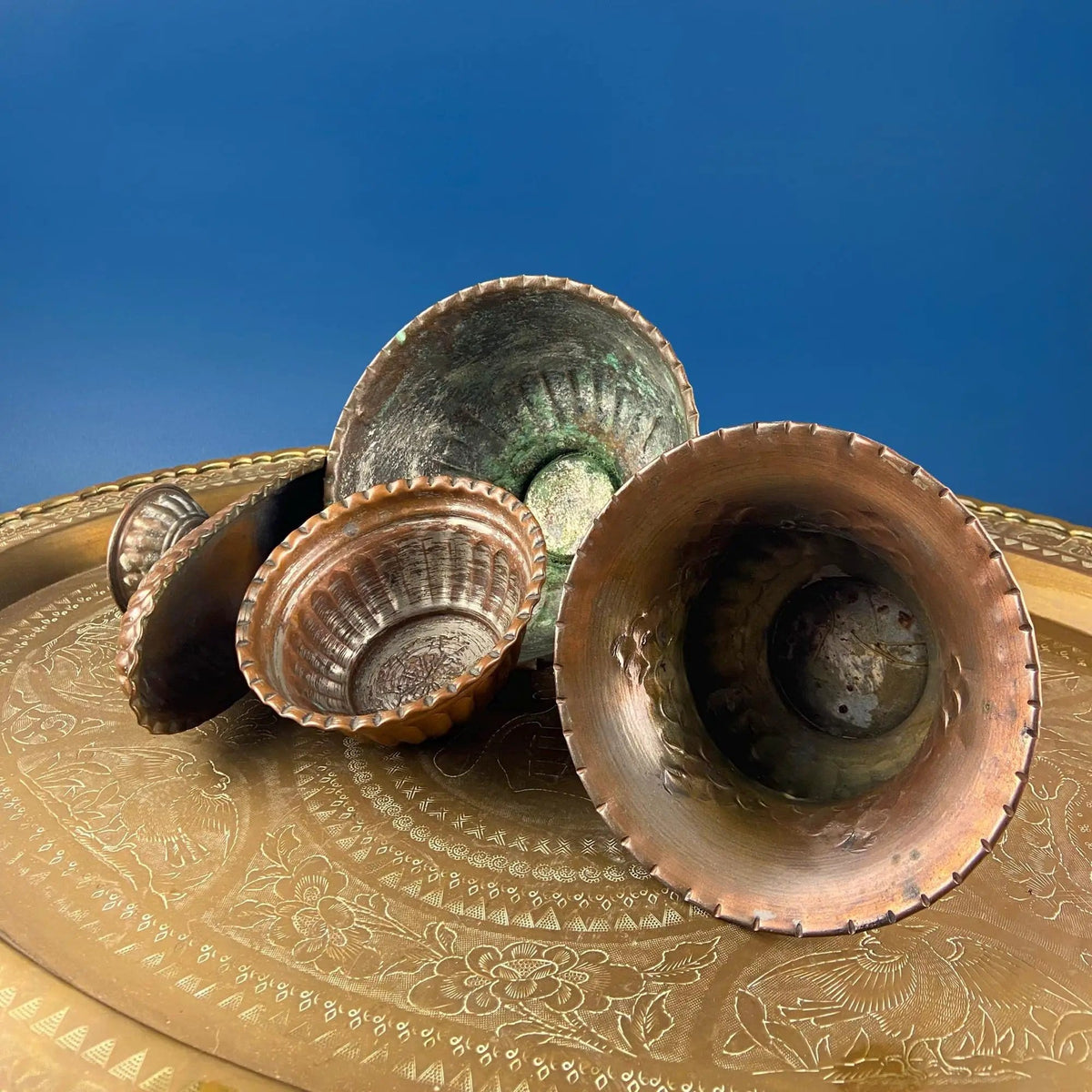 Antique Hand Pounded Copper & Tin Pail Storage Container or Vase with Lid and Brass Handle | Embossed Floral Folk Motif | Ethnic Home Decor | Collectors & Hosts