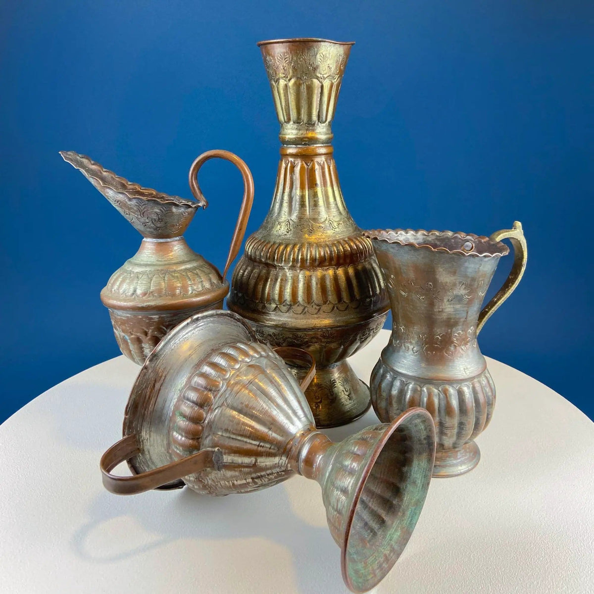 Antique Rustic Hand Pounded Copper and Tin Cups | Set of 4 Different Vessels | Beautiful Fluting | Gift for Him or Her