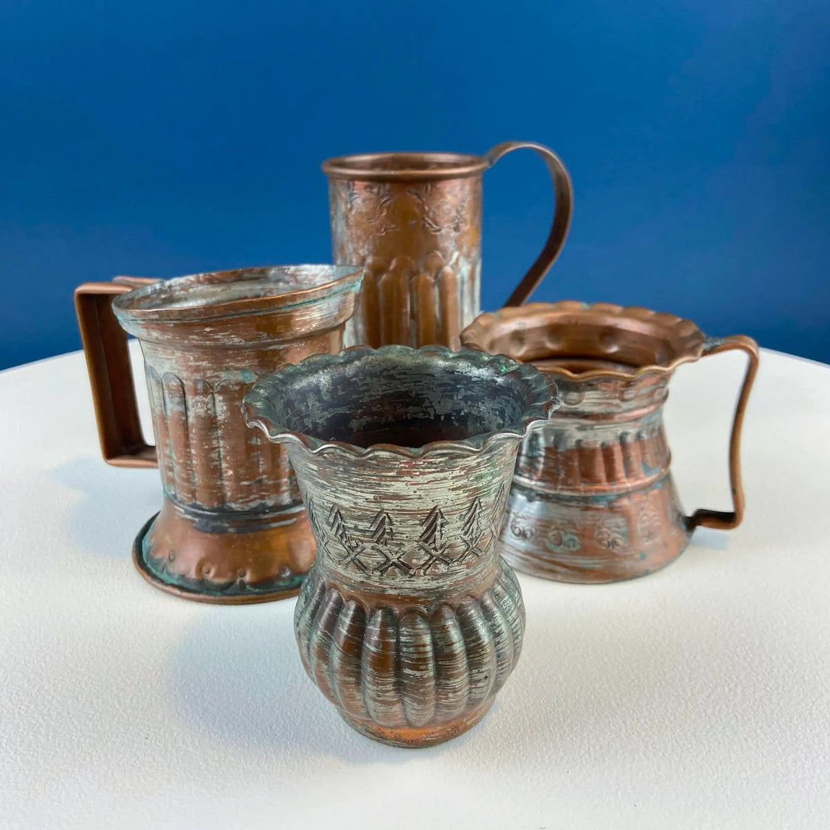 Antique Rustic Hand Pounded Copper and Tin Cups | Set of 4 Different Vessels | Beautiful Fluting | Gift for Him or Her