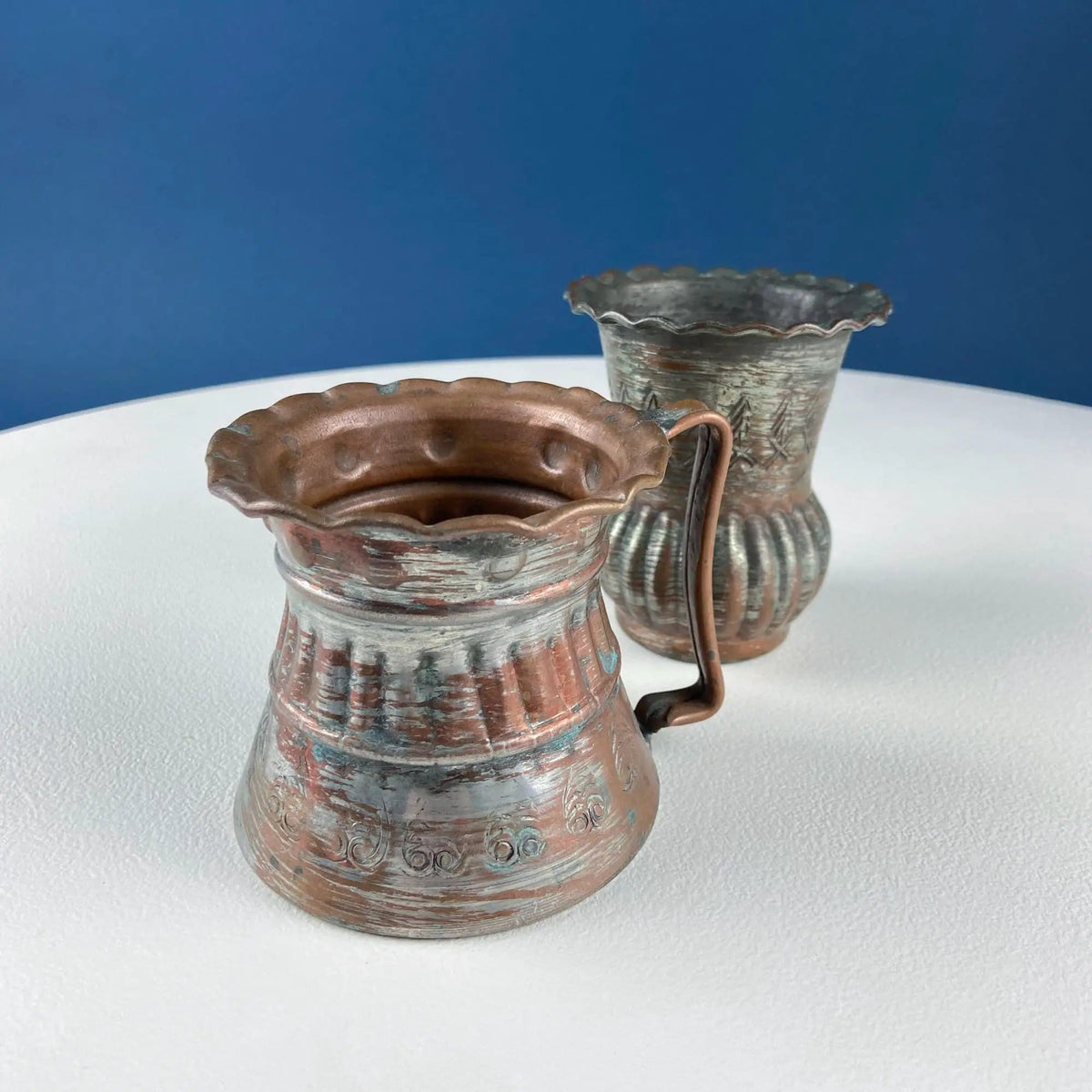 Antique Rustic Hand Pounded Copper and Tin Cups | Set of 4 Different Vessels | Beautiful Fluting | Gift for Him or Her