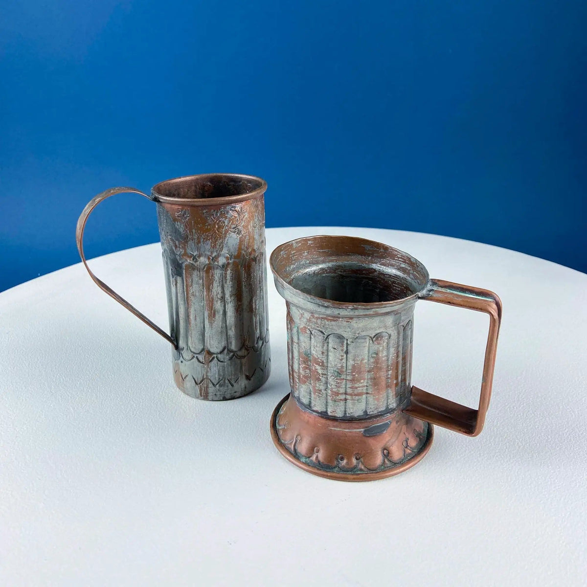 Antique Rustic Hand Pounded Copper and Tin Cups | Set of 4 Different Vessels | Beautiful Fluting | Gift for Him or Her