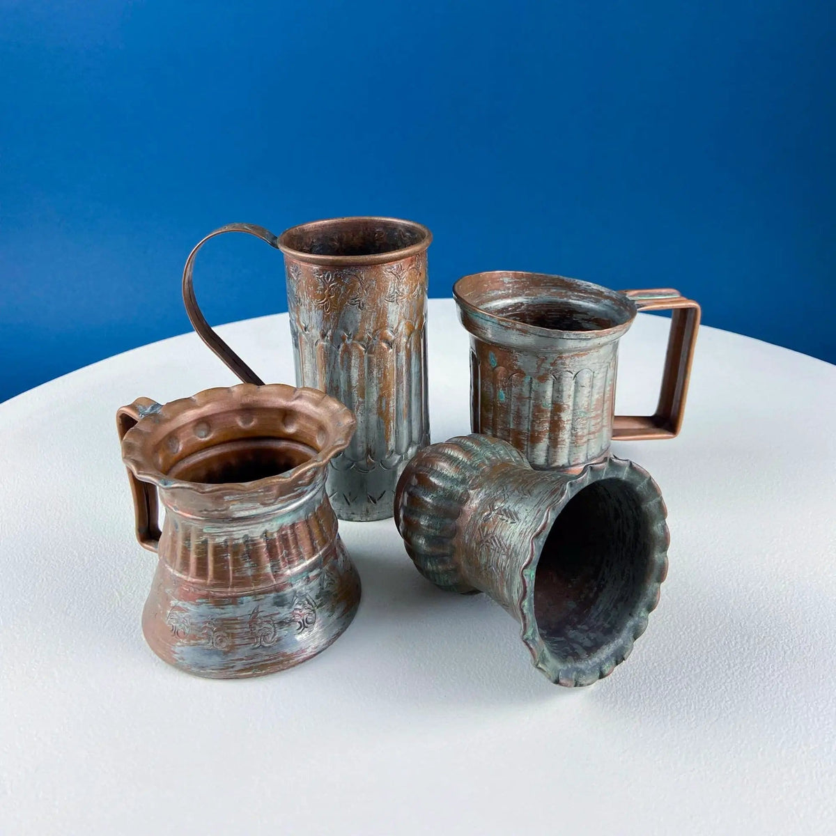 Antique Rustic Hand Pounded Copper and Tin Cups | Set of 4 Different Vessels | Beautiful Fluting | Gift for Him or Her