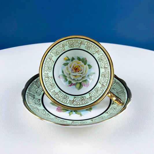 Mint Green Cup And Saucer | Hand Painted White Rose | Vintage Style | 6 Oz
