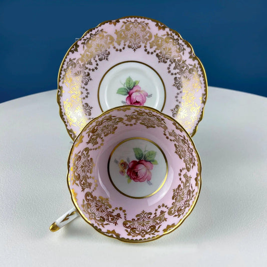 Vintage Paragon Pink Tea Coffee Cup & Saucer | Red Rose Motif and Gold Floral Border | Collectible Dining Room Decor | Gift for Him or Her