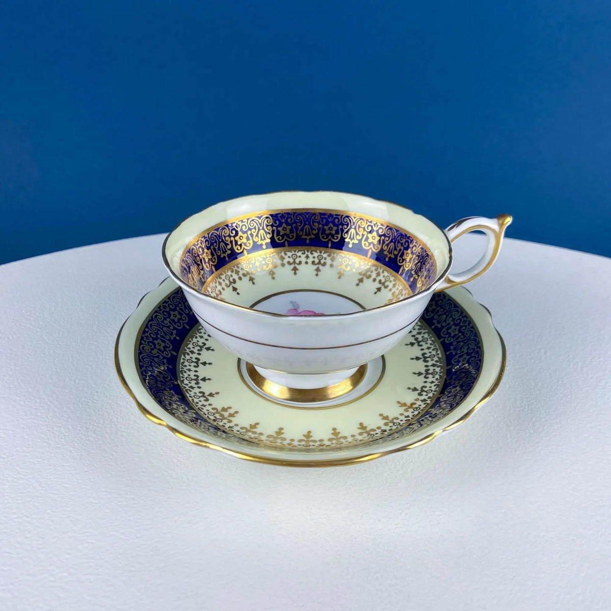 Vintage Paragon Cup and Saucer | Porcelain Tea Set | Lt Yellow with Dark Blue and Gold Bend | Collectors & Hosts